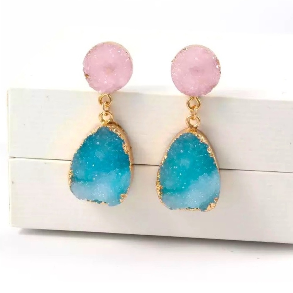 Anthropologie Druzy quartz drop earrings pink turquoise blue gold NWOT